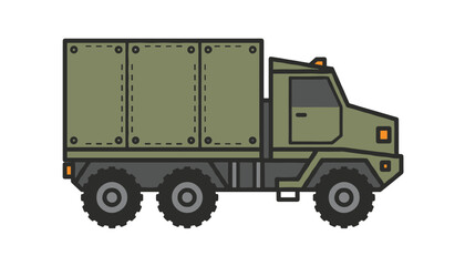 Obraz premium Military cargo truck in olive green color shown from side view in a flat vector illustration style.