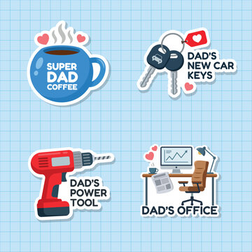 A collection of vector Father's Day stickers featuring dad's favorite things, including coffee, new car keys, a power tool drill, and a home office workspace, isolated on a blue grid paper background.