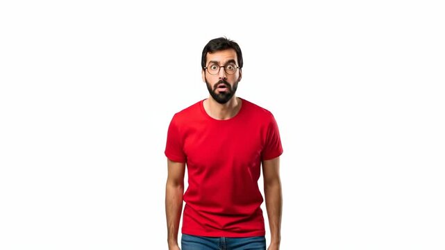 A bearded man wearing a red t-shirt looking surprised against white background