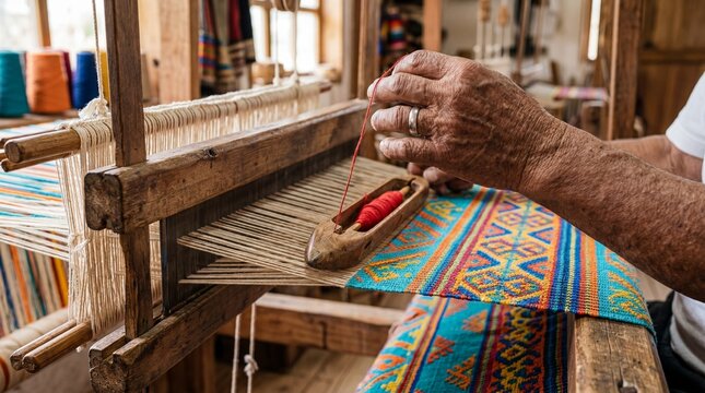 Artisan weaving fabric on loom. Traditional craft textile production.