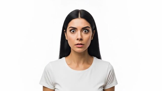 A young woman with dark hair looking at the camera with a shocked expression