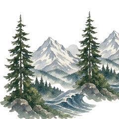 Watercolor painting of snowy mountains and pine trees in the forest with snow mountain landscape © Muhammad
