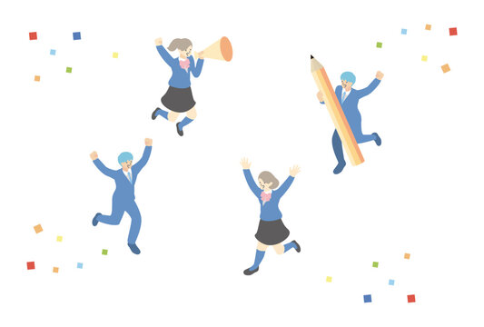 Isometric illustration of students jumping; high school and junior high students; poses; studying; entrance exams; tests; character assets.
