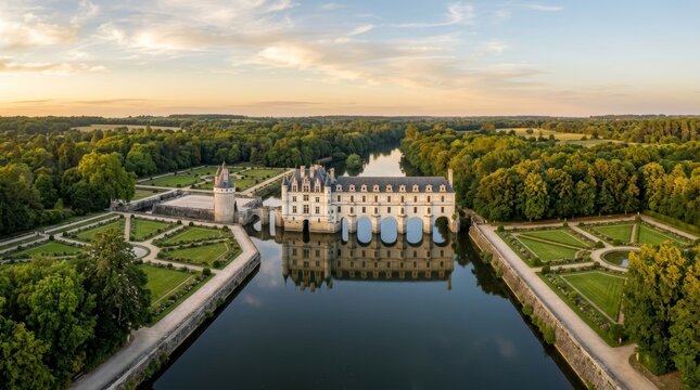 France - Bird Eye View of Chateau de Chenonceau River Panorama