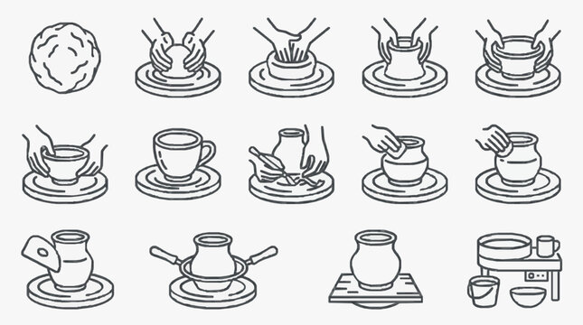 Industrial Black and White Line Drawing Set of Traditional Tea Ceremony and Coffee Brewing Equipment and Process