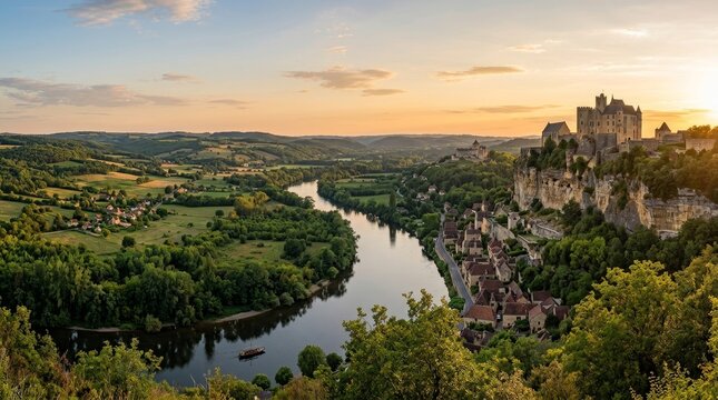 France - Bird Eye View of Dordogne Valley Beynac Panorama