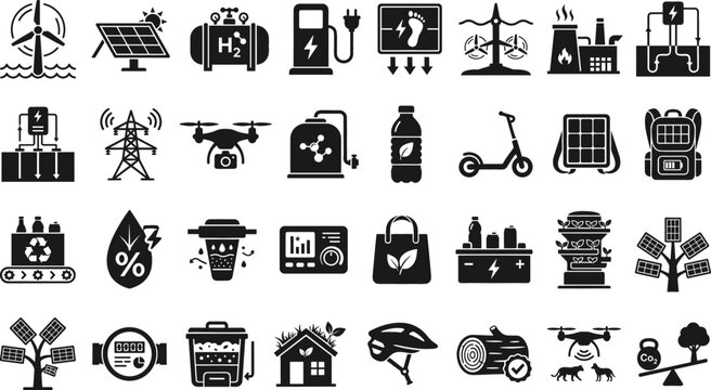 Smart Green Energy and Sustainable Environmental Technology Silhouette Icon Set Featuring Hydrogen Storage, Solar Trees, Geothermal Power, Carbon Neutrality, and Recycling Infrastructure Symbols