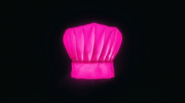 Neon pink chef hat isolated on black background. Vibrant culinary headwear for modern restaurant.