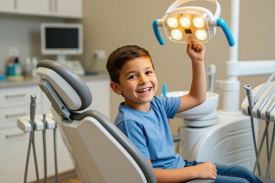 Happy boy sits in dentist chair, smiles after check up. Kid holds dental lamp controls, enjoys bright visit at modern dental clinic. Oral care for children makes them feel good.