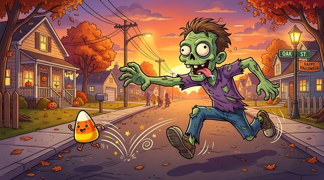 A hilarious digital illustration of a goofy cartoon zombie, with one eye rolling, comically chasing a bouncing candy corn through a suburban street at sunset.