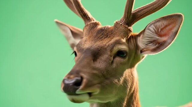 A close portrait of a majestic brown deer head against a soft green background