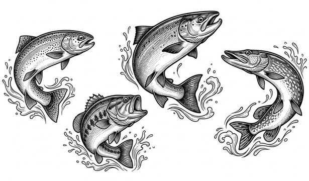 Classic engraved jumping fish illustration set vintage vector isolated on white background