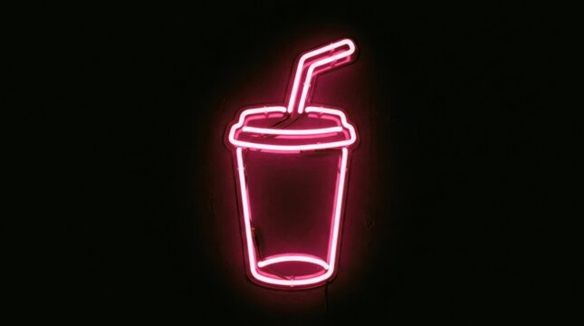 Neon pink cup with straw sign. Glowing beverage icon for cafe bar or fast food restaurant decor.