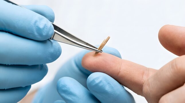 Medical professional removing splinter from finger with tweezers in clinic