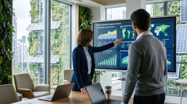 Business professionals analyzing global sustainable development metrics on large digital screen, carbon footprint and renewable energy adoption charts, eco-friendly office with ...