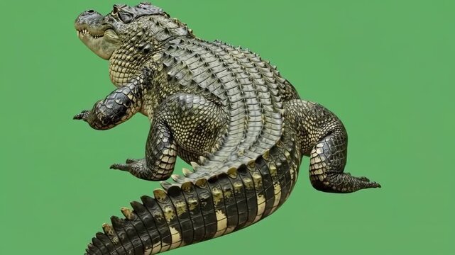 A detailed close up view of a large alligator isolated on a green background