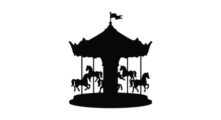 Black silhouette of a vintage carousel with horses against a white background silhouette © APIM02SN