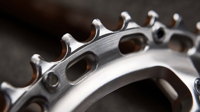 Close up detail of a silver bicycle chainring gear.