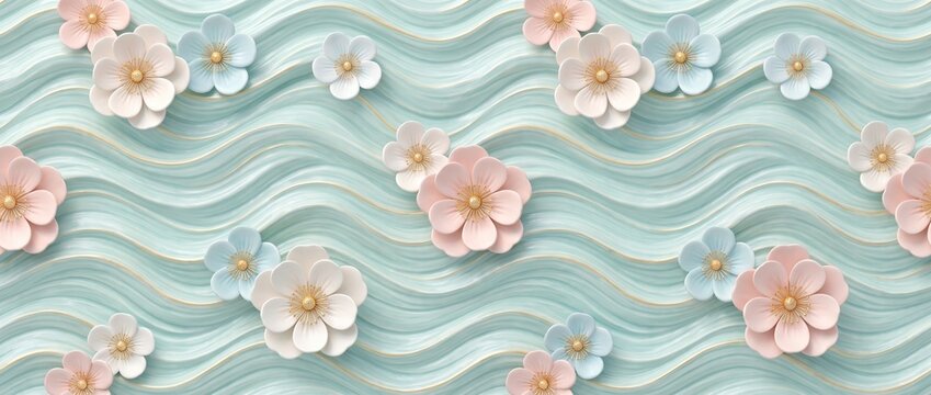 3d wallpaper with soft pastel flowers on a wavy turquoise background with gold lines, elegant floral pattern for interior design and wall decoration