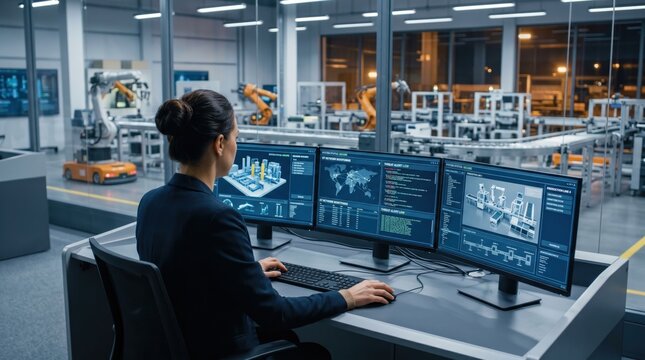 Female operator managing smart factory automation from control room with multiple monitors displaying real-time data analytics, robotic arms and AGV vehicles working in backgrou...