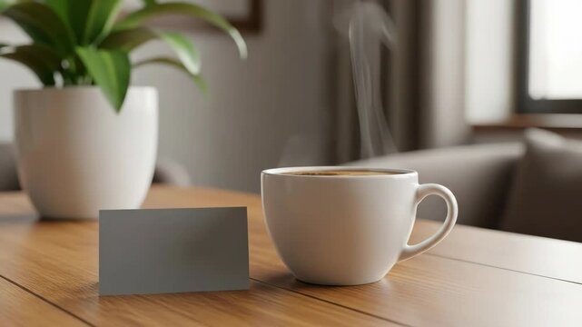 A steaming cup of coffee next to a blank business card on a wooden table