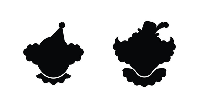 Two clown heads with ruffled collars and hats in a black silhouette clowns
