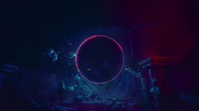 Ancient Ruins In Dark Cave With Floating Magical Light Orb Animation