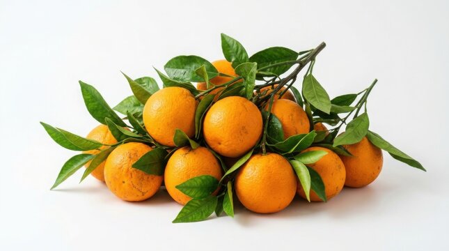 Fresh oranges with green leaves on white background. Ripe citrus fruits for healthy food design.