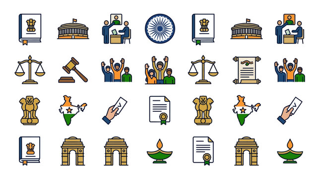 Icons representing India's democracy and governance system