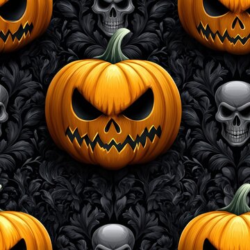 Seamless Pattern of Scary Jack o Lantern Pumpkins and Skulls on Dark Victorian Floral Background