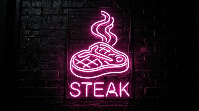 Pink neon steak sign on a dark brick wall. Glowing restaurant signage for a modern meat house.