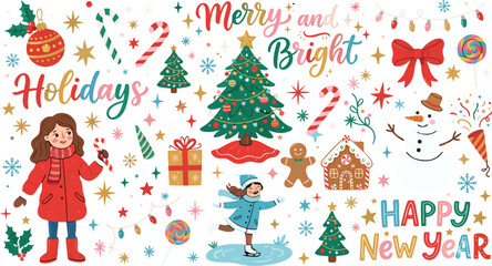 Fototapeta premium Collection of festive winter holiday illustrations with Merry and Bright seasonal greetings