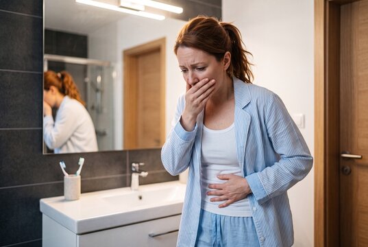 Woman feeling nauseous and holding her stomach in the bathroom