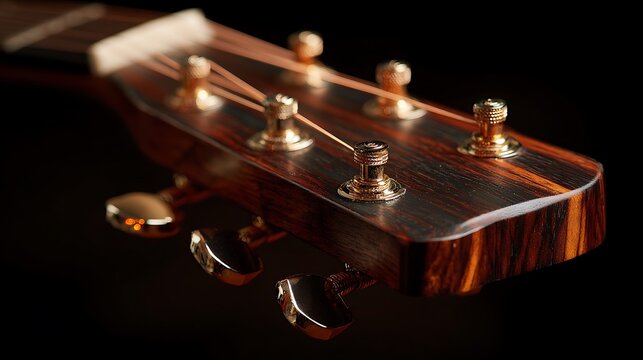 Close up of a wooden acoustic guitar headstock with gold tuning pegs.