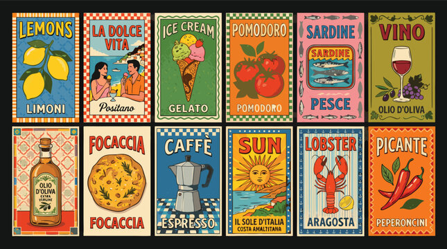 Collection of Vintage Italian Food and Travel Posters with Retro Style Illustrations and Typography