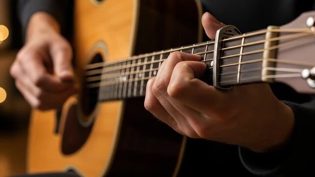 A musician playing an acoustic guitar with a metal capo on the fretboard