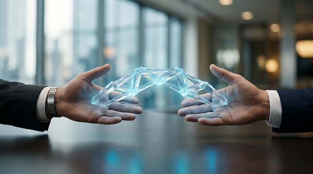 Two hands holding glowing blue crystal geometric bridge structure between palms inside bright office building glass window.