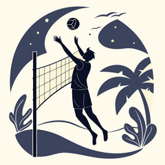 Silhouette of male volleyball player jumping to strike ball over net on sandy beach at night with palm trees stars and crescent moon background in atmospheric vector graphic illustration for sports.