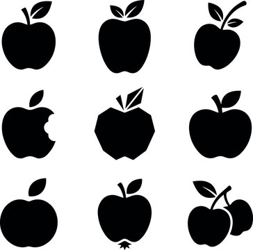 Fresh Apple Fruit Black Silhouette Icon Set Featuring Bitten Whole Geometric and Twin Apples with Leaves for Healthy Food and Organic Product Designs