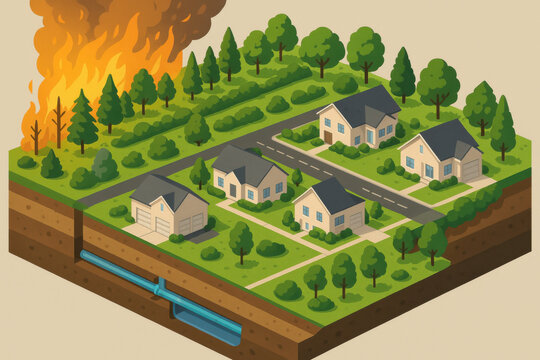 Isometric wildfire resistant neighborhood with underground water buffer system and firebreak green zone, cross section showing soil and pipe layer, clean commercial illustration