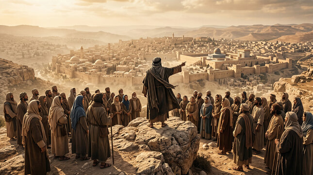 Biblical scene of a prophet or leader standing on a rock, preaching to a crowd of followers and pointing towards the ancient city of Jerusalem at sunset.