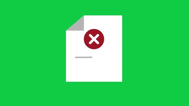 Rejected check mark on document checklist icon with magnifying glass for data audit in a cartoon animation. Failed project management task list