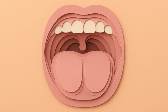 Paper cut art of open mouth with tongue and teeth on beige background, layered craft design showing oral anatomy with visible frenulum restriction beneath tongue