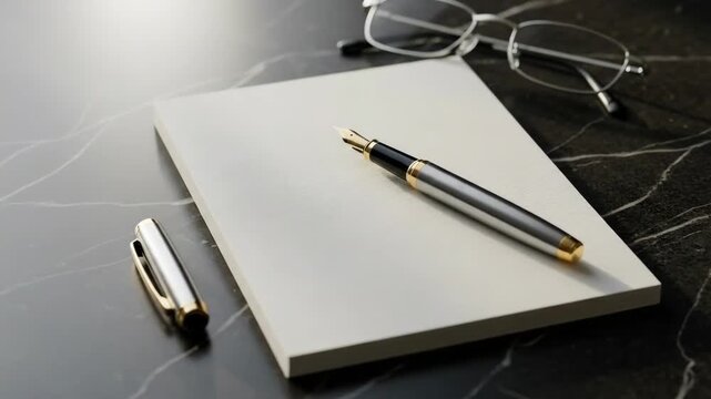 A fountain pen and reading glasses resting on a blank white notepad surface