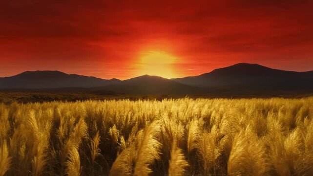 Golden sunset over pampas grass field with mountain silhouettes 4K Generative AI
