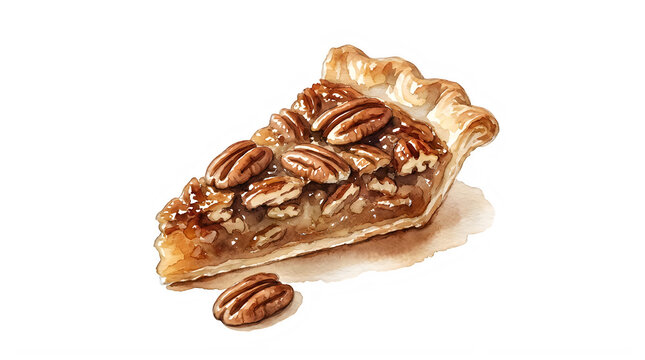 Watercolor pecan pie slice for thanksgiving isolated on transparent background perfect for festive designs and autumn celebrations