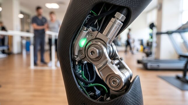 High-tech robotic prosthetic bionic leg joint close up in a physical therapy clinic
