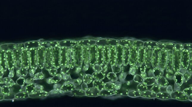 banana leaf cross section showing palisade and spongy mesophyll layers in extreme macro