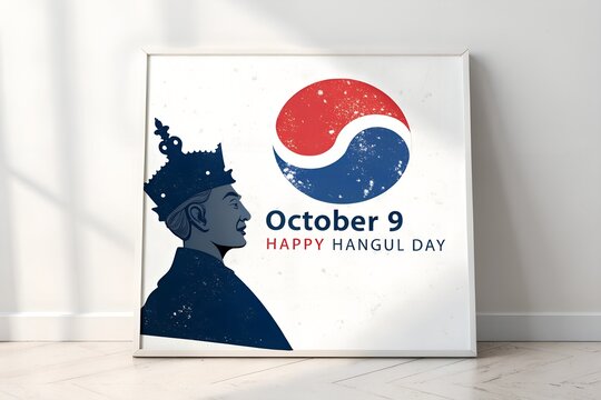 Profile illustration of King Sejong the Great wearing a traditional crown beside the iconic red and blue taegeuk symbol celebrating the annual Korean holiday known as happy hangul day festival