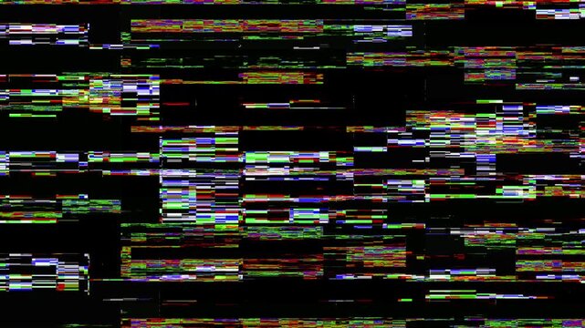 Digital glitch distortion with RGB split and scanline overlay. Retro TV static noise with flickering black and white interference.